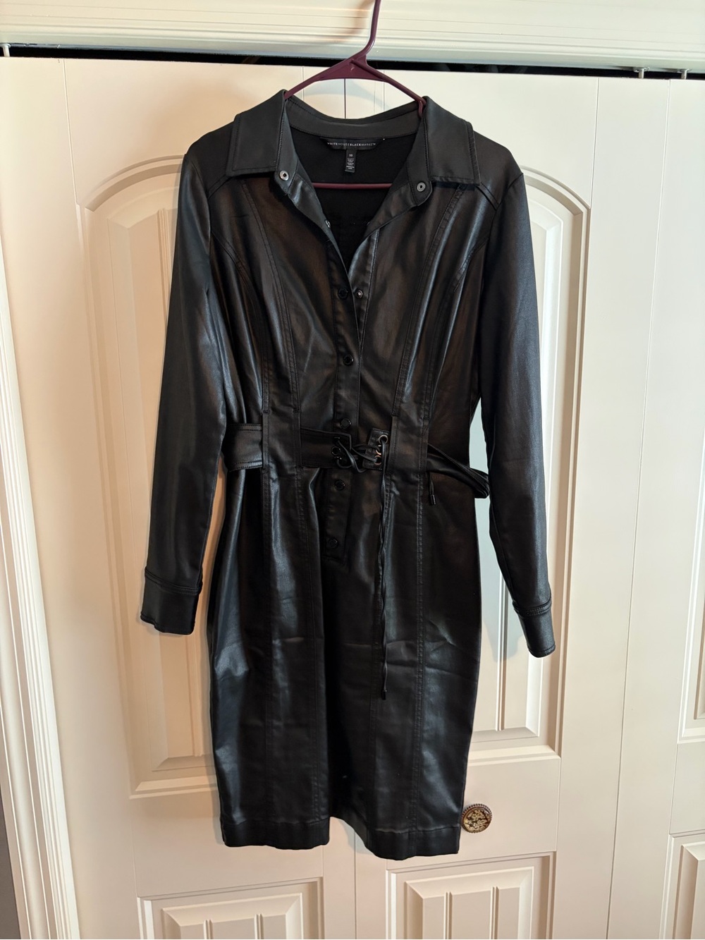 White House Black Market Black Faux Leather Belted Trench Coat